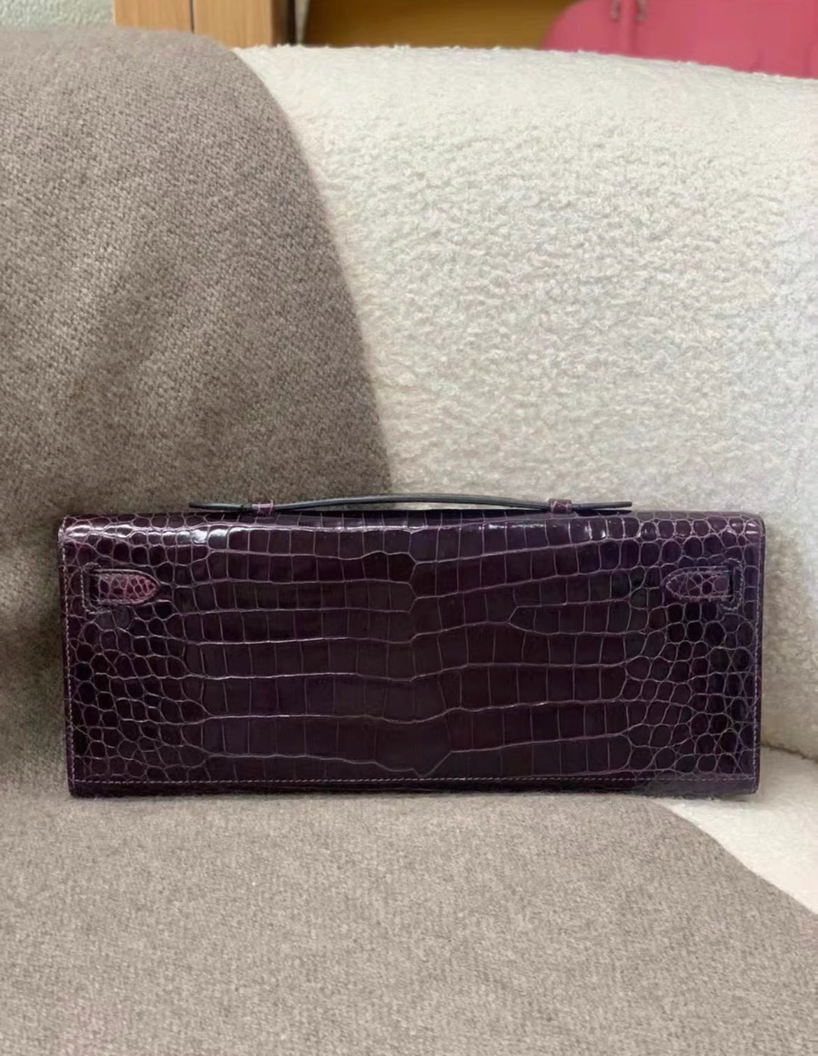 Hermès Kelly Cut Amethysts shiny Crocodile with gold hardware