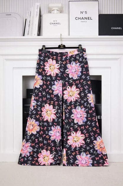 Chanel 24S Runway Colored Silk Wide-Leg Pants with All-Over CC Camellia Print