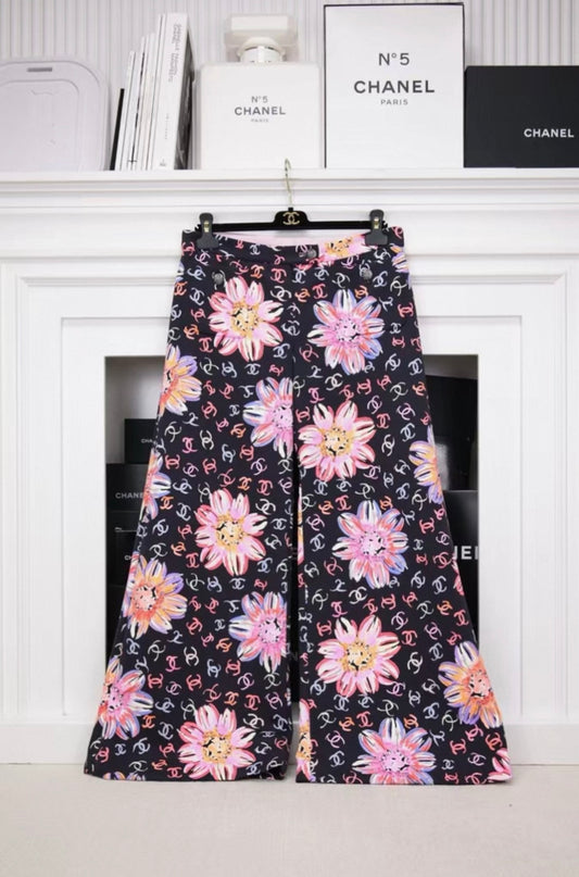 Chanel 24S Runway Colored Silk Wide-Leg Pants with All-Over CC Camellia Print