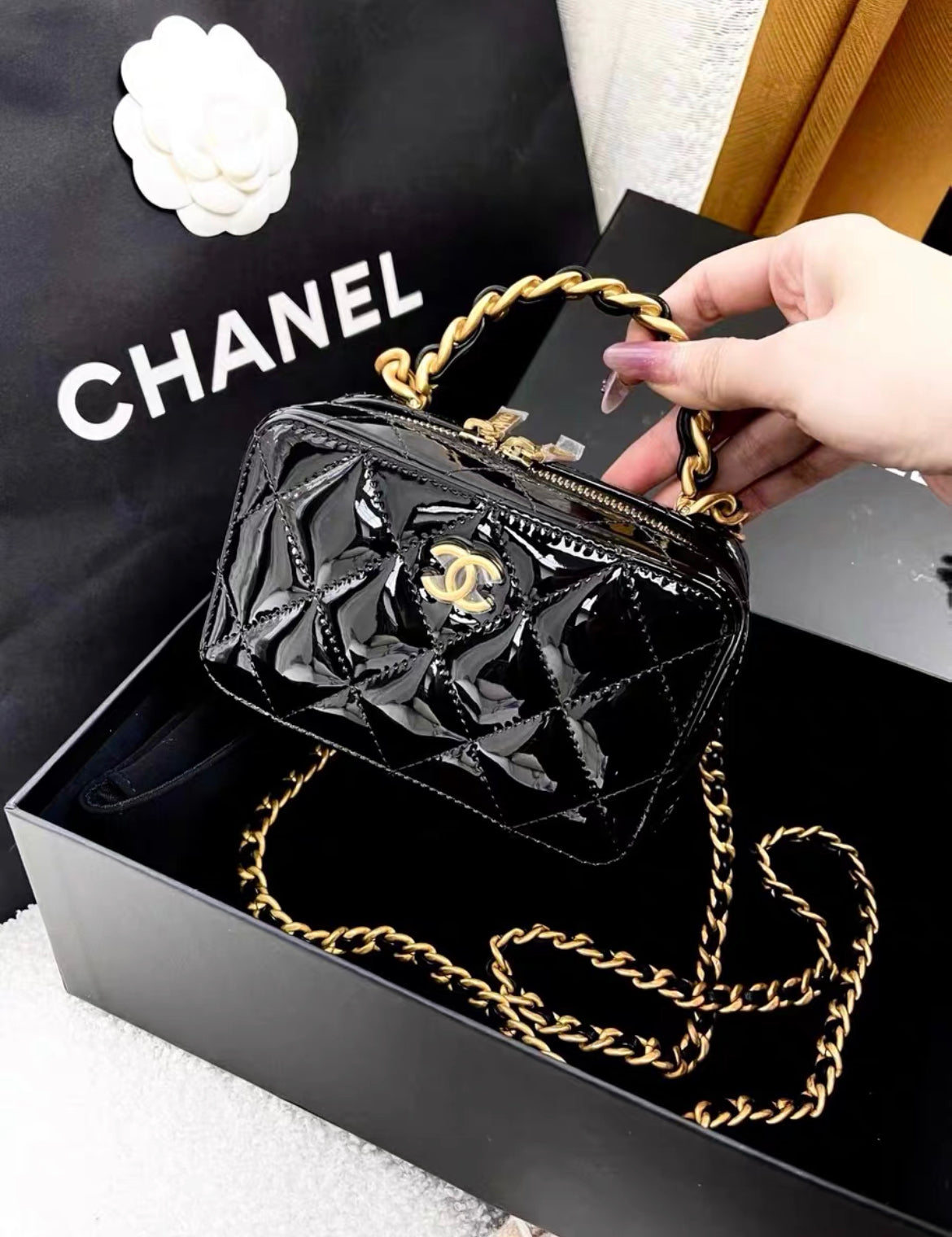 Chanel 22A patent Black Leather Gold Chain Handle Vanity Case Mini rectangular Bag Classic top handle