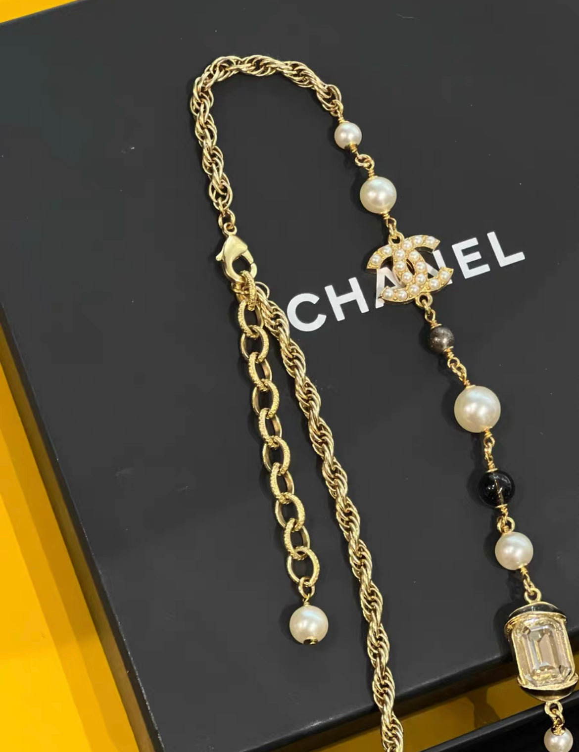 Chanel 22A Long Pearl CC Gem Stone Necklace