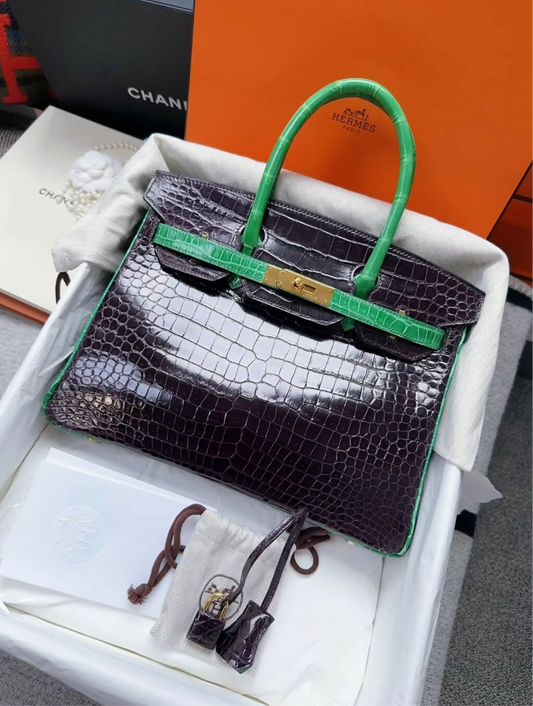 Hermes Birkin 30 Amethyst/Green Alligator Gold Hardware