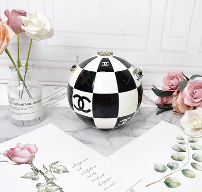 Chanel Black and White Resin and Enamel Checker Sphere Minaudiere Pale Gold Hardware, 2023