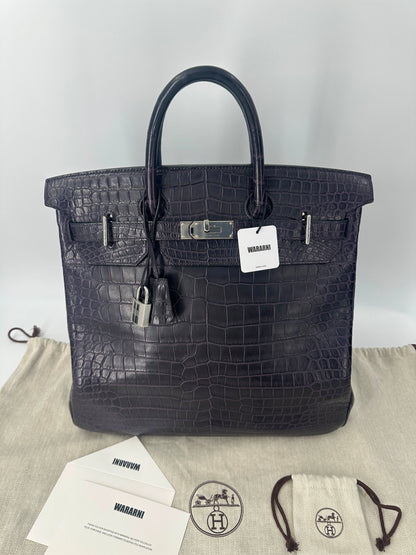 Hermes Birkin HAC 40 Matte Dark Purple Alligator Leather palladium hardware