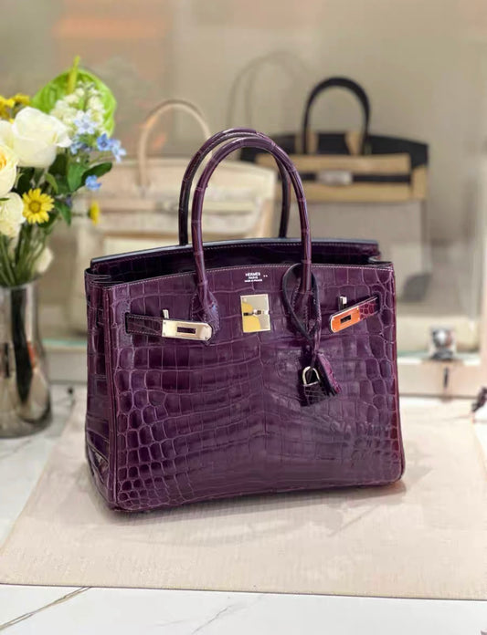 Hermes Birkin 30 Amethyst Shiny Crocodile Alligator Palladium Hardware Handbag