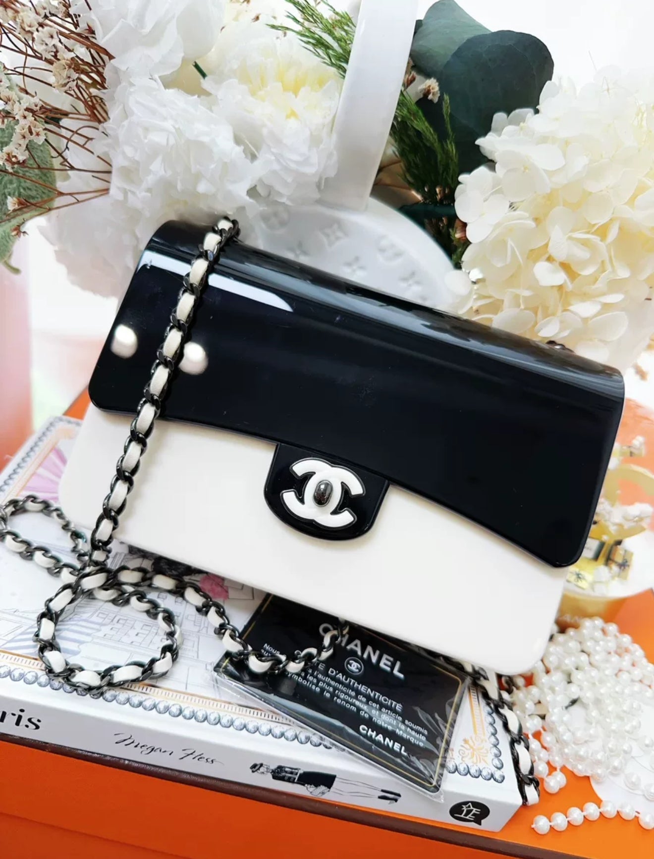 Chanel 21S Black & Ecru CF Acrylic evening clutch Bag Minaudière