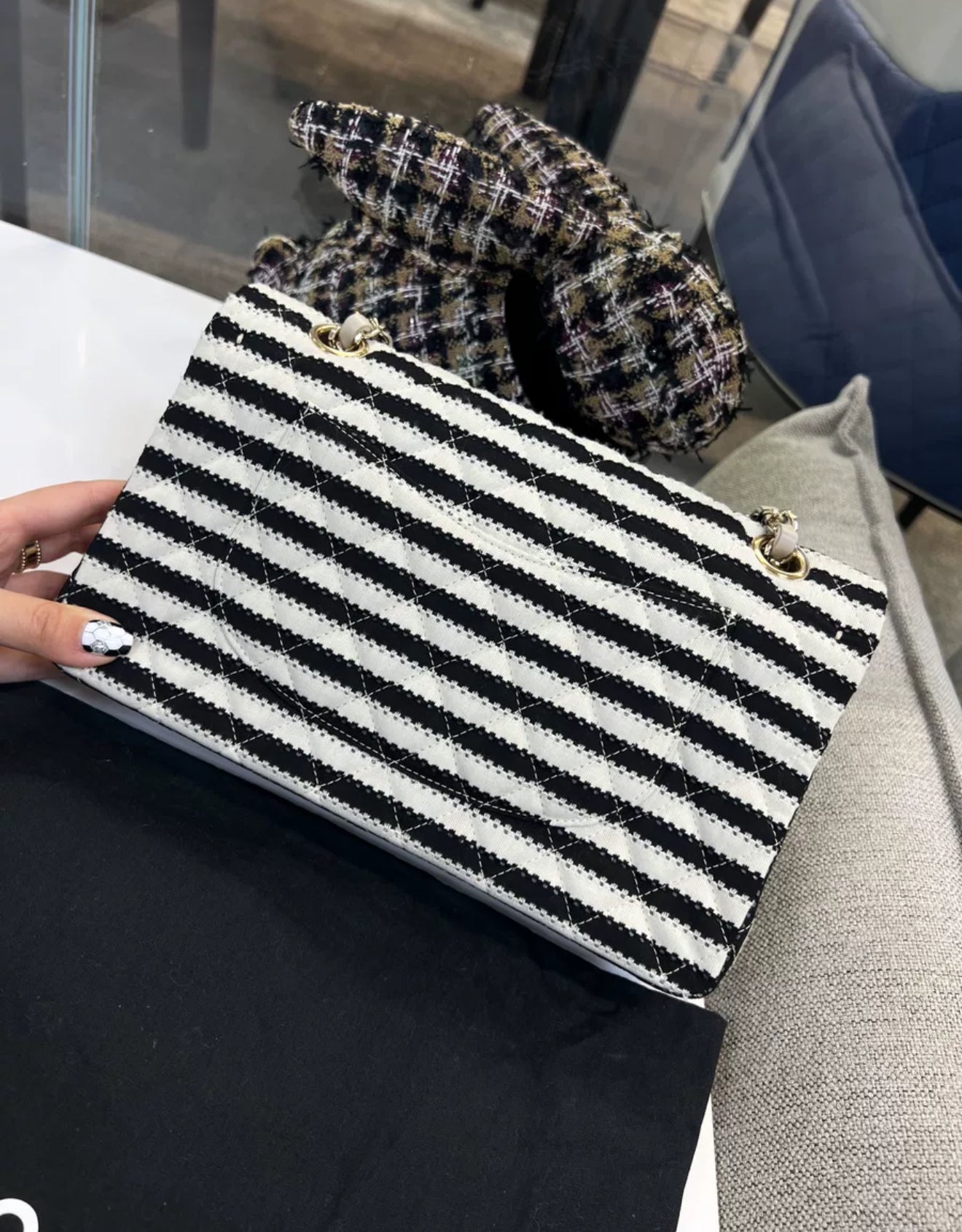 Chanel 14C Black 
White Striped Flap Bag