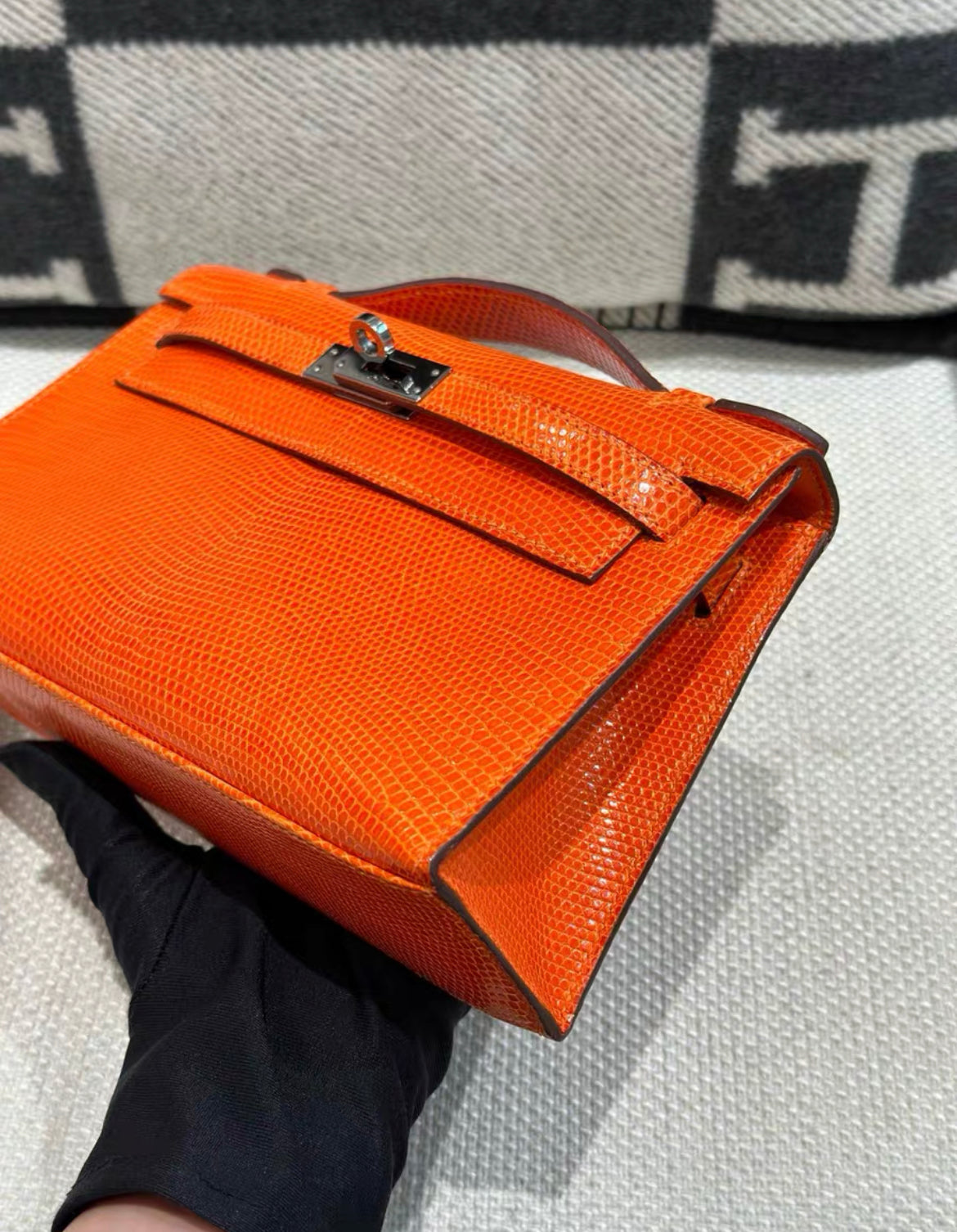 HERMES Mini Kelly Pochette Orange Lizard Leather Palladium Hardware