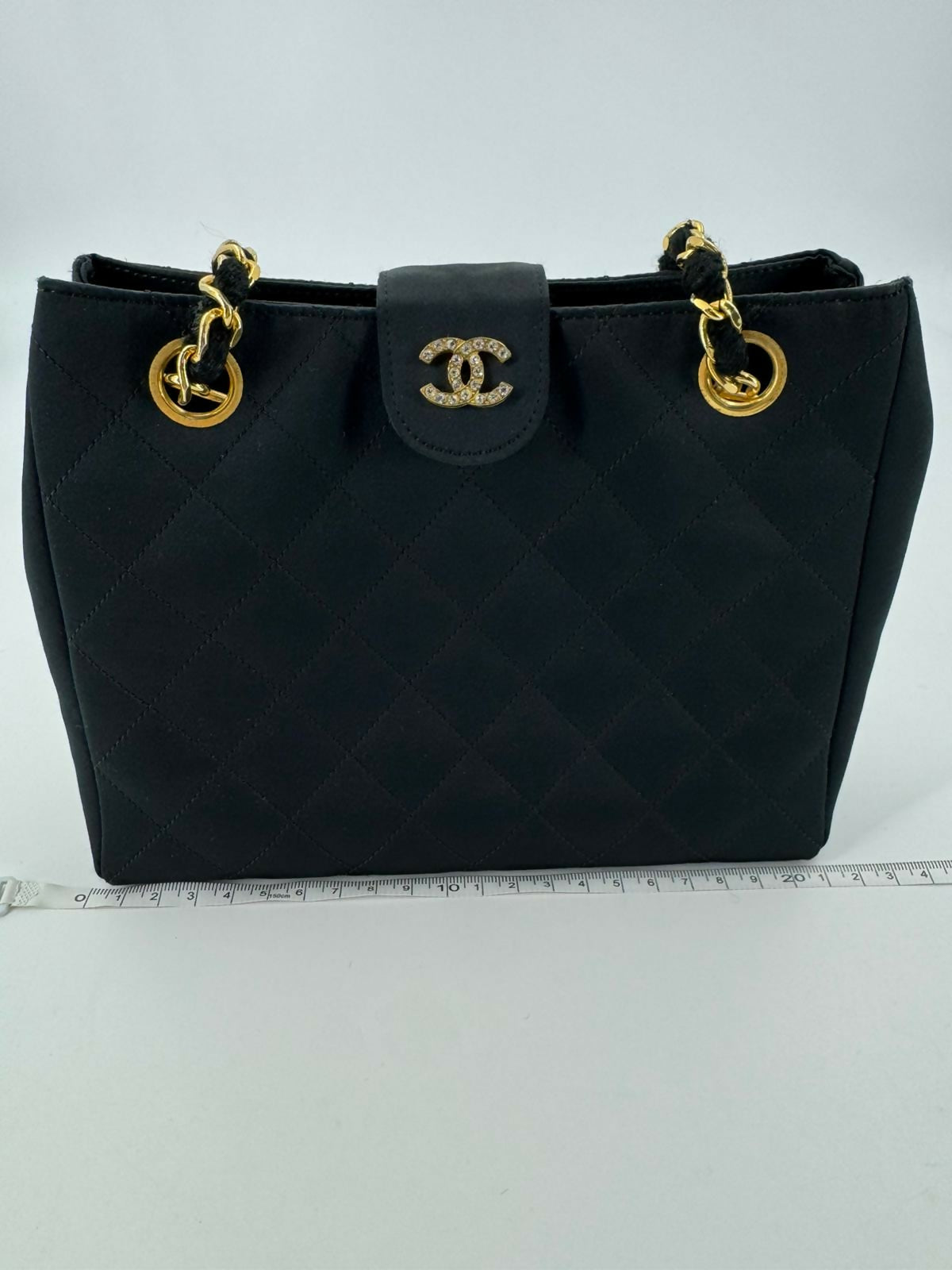 Chanel Vintage Satin and Rhinestone Shiny Black Shoulder Bag