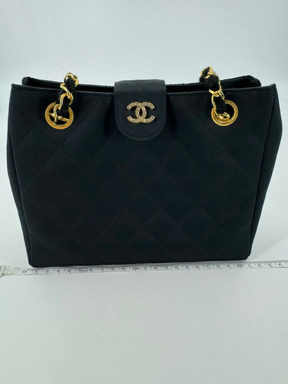 Chanel Vintage Satin and Rhinestone Shiny Black Shoulder Bag