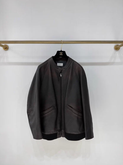 The Row's new distressed brown calfskin leather jacket,