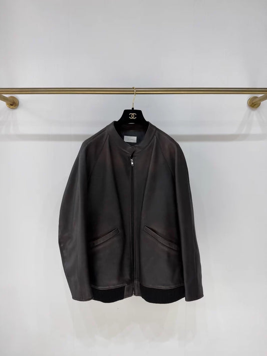 The Row's new distressed brown calfskin leather jacket,