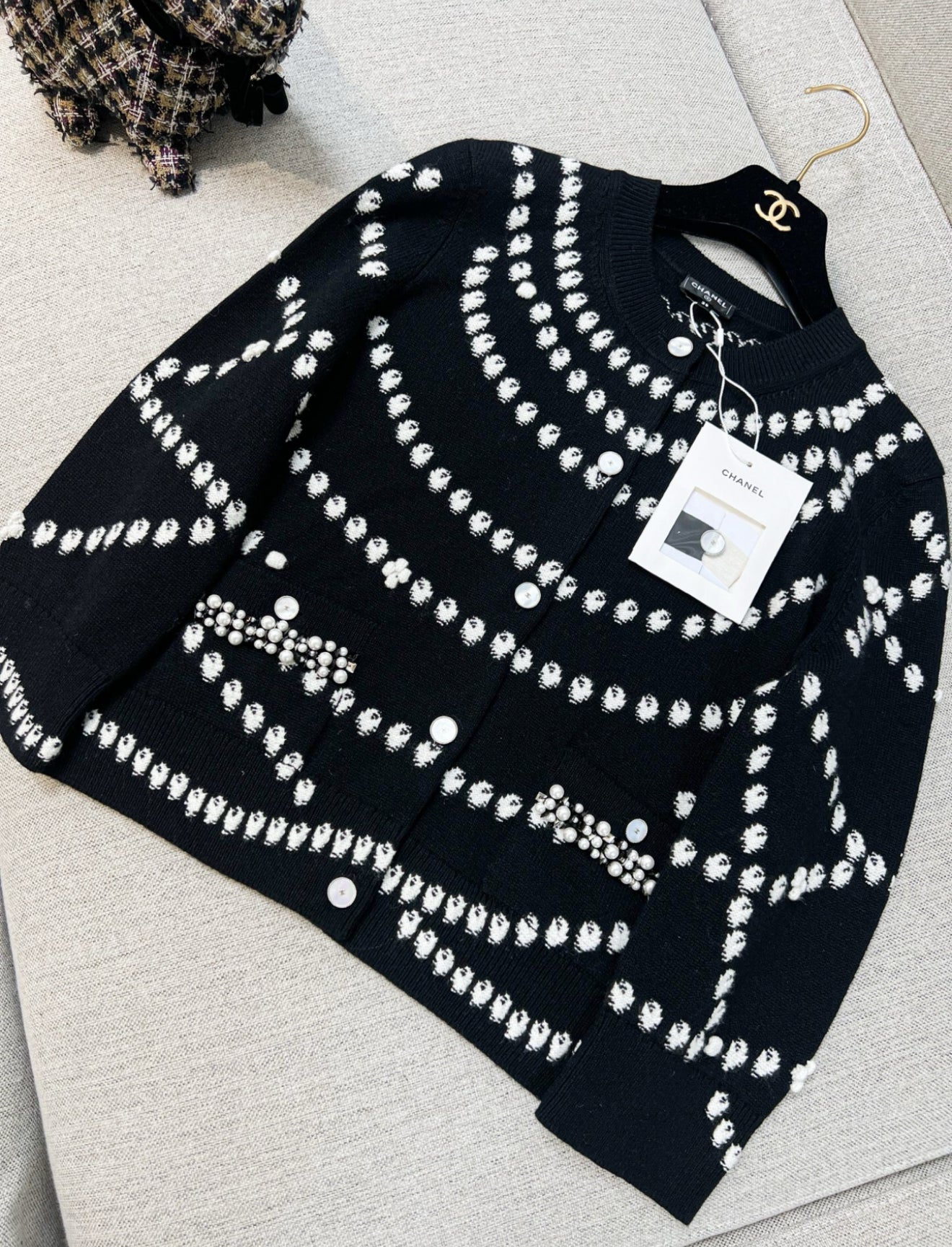 Chanel 25P Black & White Cashmere Embroidered Cardigan