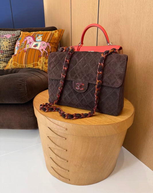 Chanel Maxi Fla Bag in brown suede leather with tortoise hardware