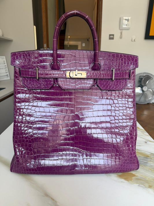 Hermes Birkin HAC 40 Violet Shiny porosus crocodile leather palladium hardware