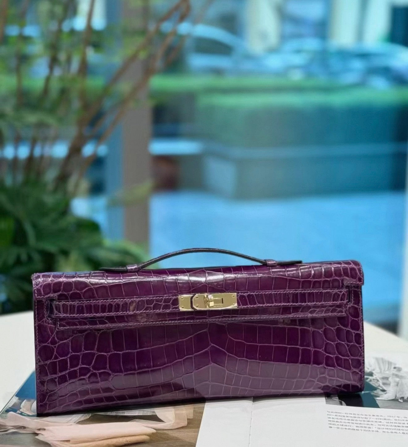 Hermès Kelly cut amethyst shiny crocodile leather palladium hardware