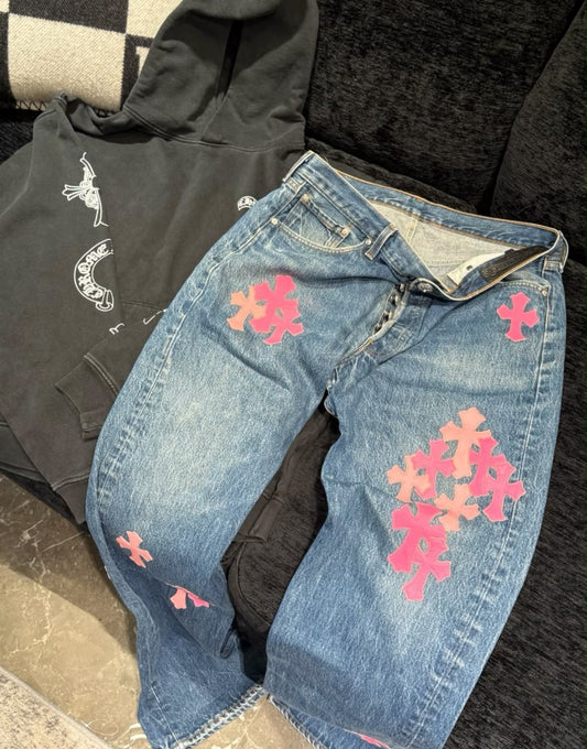 Chrome Hearts Pink Cross Patch Fleur Knee Pants blue denim jeans / 36