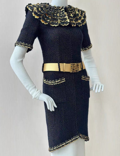 Chanel 19A Navy Blue & gold Embroidered Tweed dress