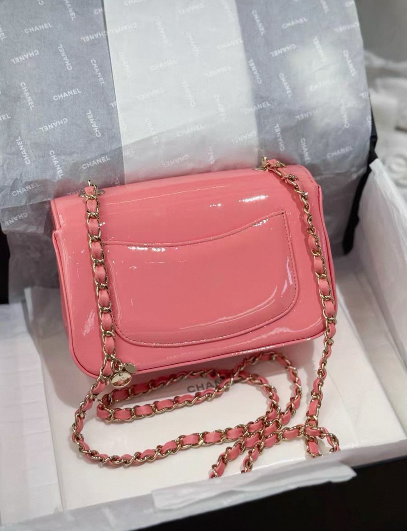 CHANEL 23K Pink Patent Camellia Single Flap Bag Light Gold Hardware