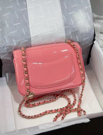CHANEL 23K Pink Patent Camellia Single Flap Bag Light Gold Hardware