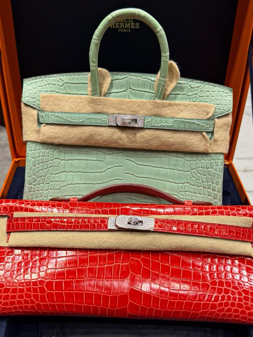 Hermes Birkin 25 Vert D’eau Matt Crocodile Diamond Gold Hardware