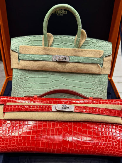 Hermes Birkin 25 Vert D’eau Matt Crocodile Diamond Gold Hardware