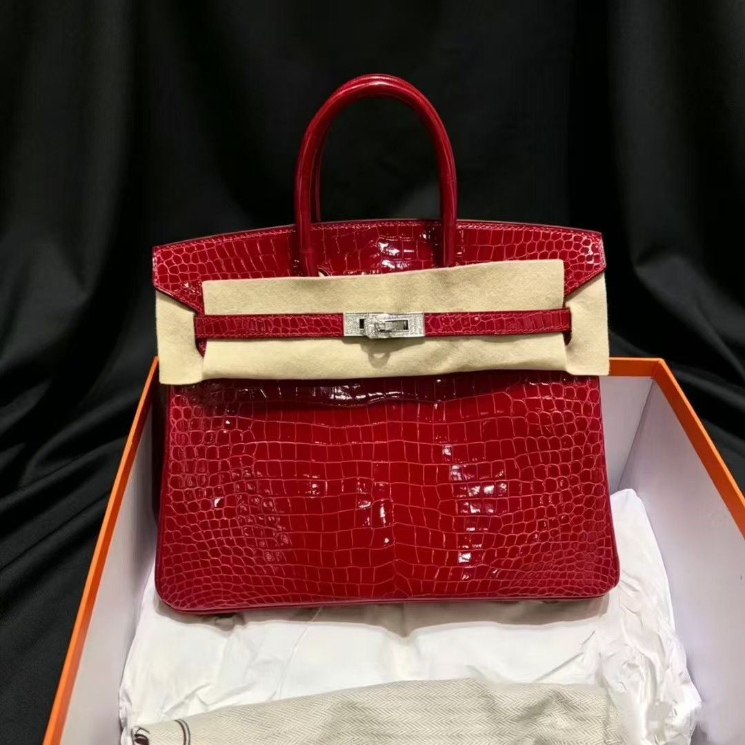 Hermes Birkin 25 Ferrari Red shiny porosus crocodile leather white gold diamond hardware