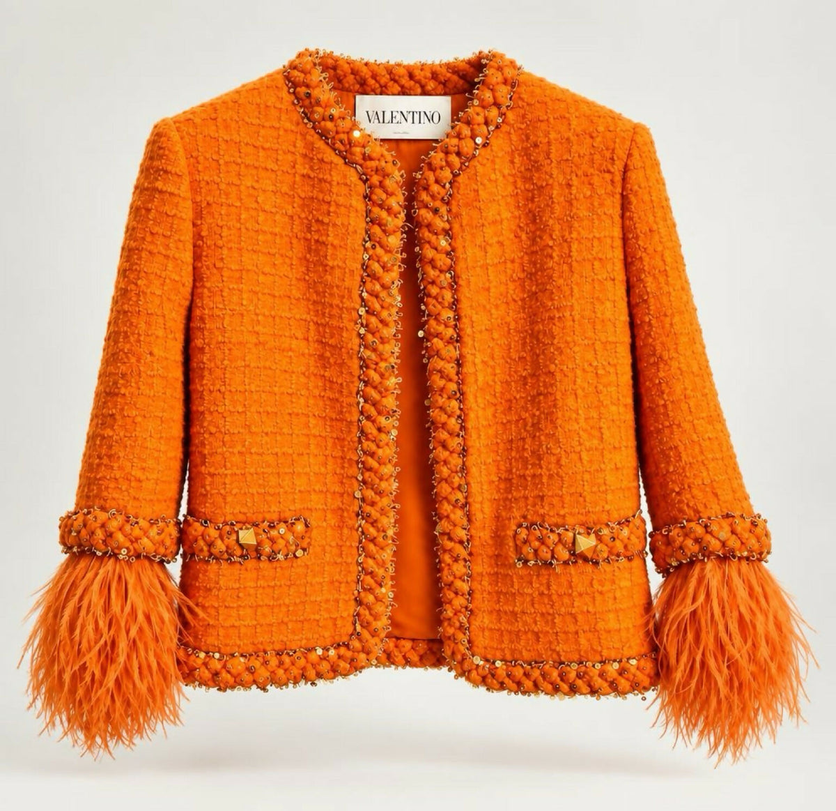 Valentino Orange Tweed Sequin Ostrich Feathers Jacket