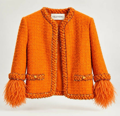 Valentino Orange Tweed Sequin Ostrich Feathers Jacket