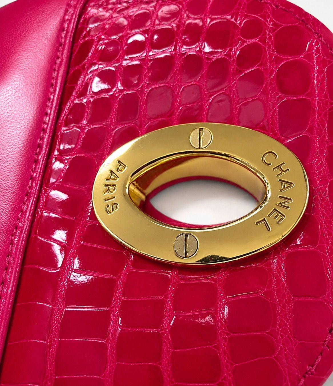 Chanel Red Shiny Crocodile Maxi flap with gold hardware
