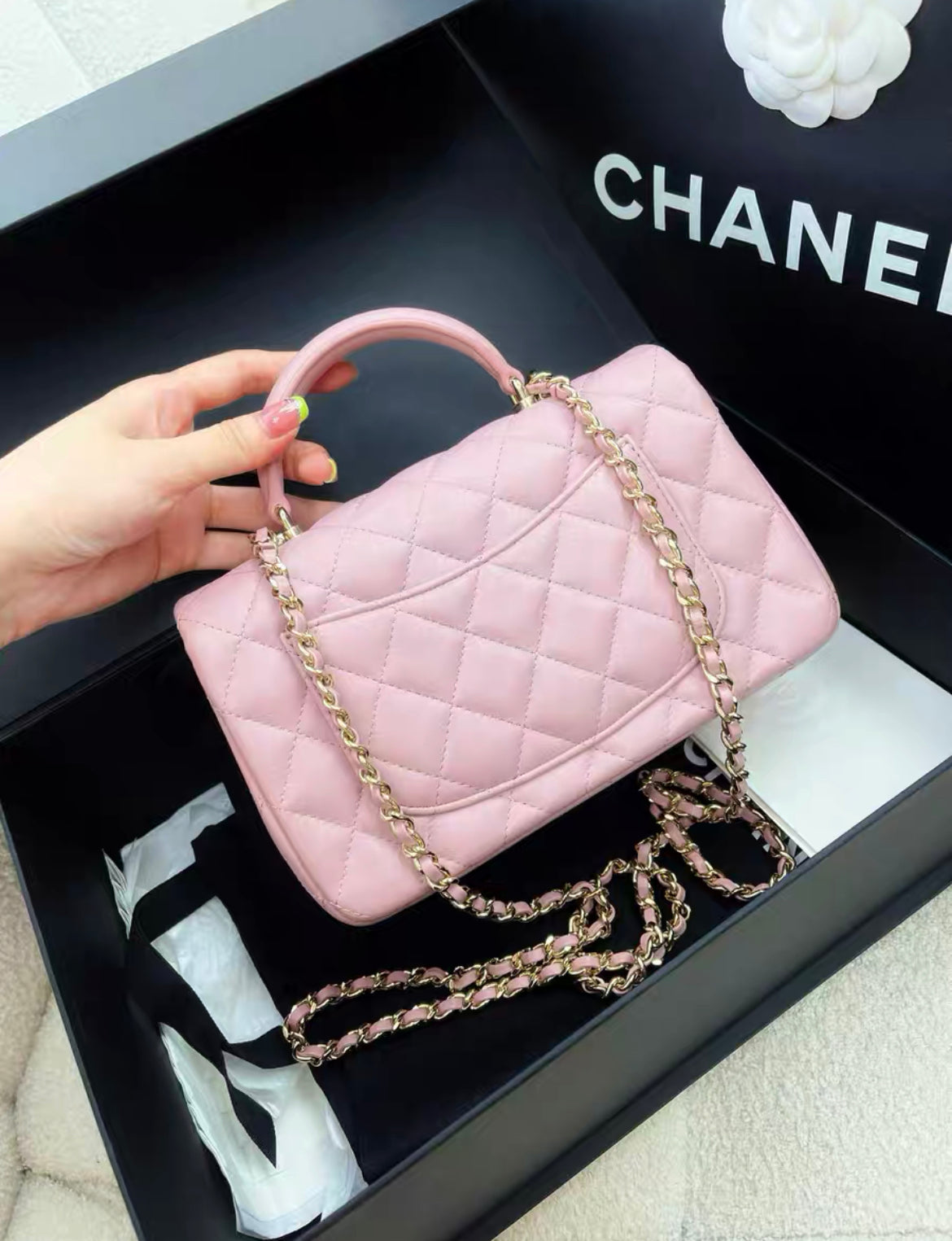 chanel 24P top handle mini pink bag