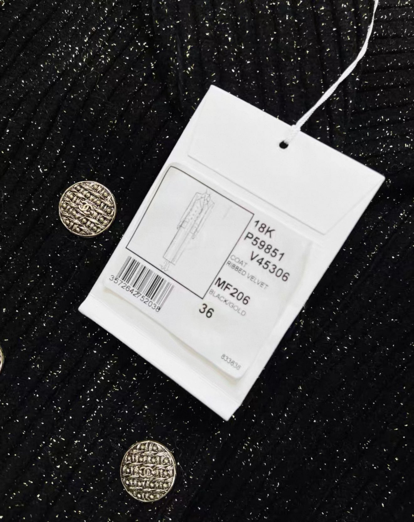 Chanel 18k Black/Gold Ribbed Velvet Coat