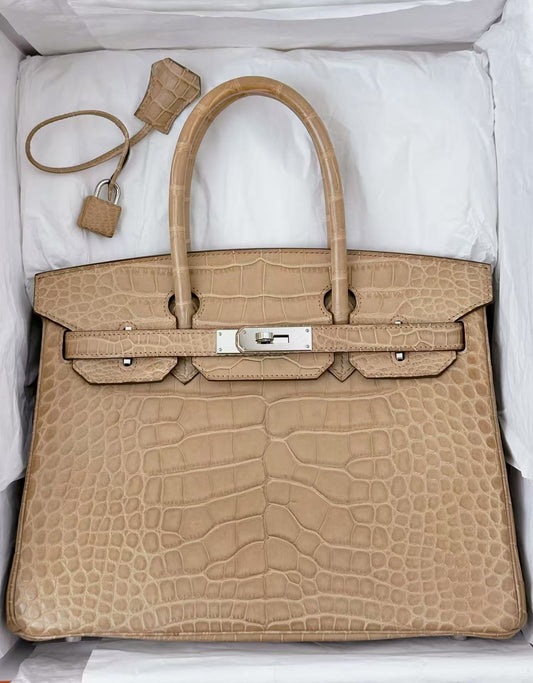 Hermes Birkin 30 Poussiere Matte Porosus Leather Palladium Harwdare
