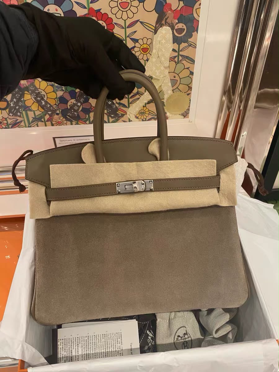 Hermes Birkin 25 Grizzly Suede Etoupe Swift Palladium Hardware