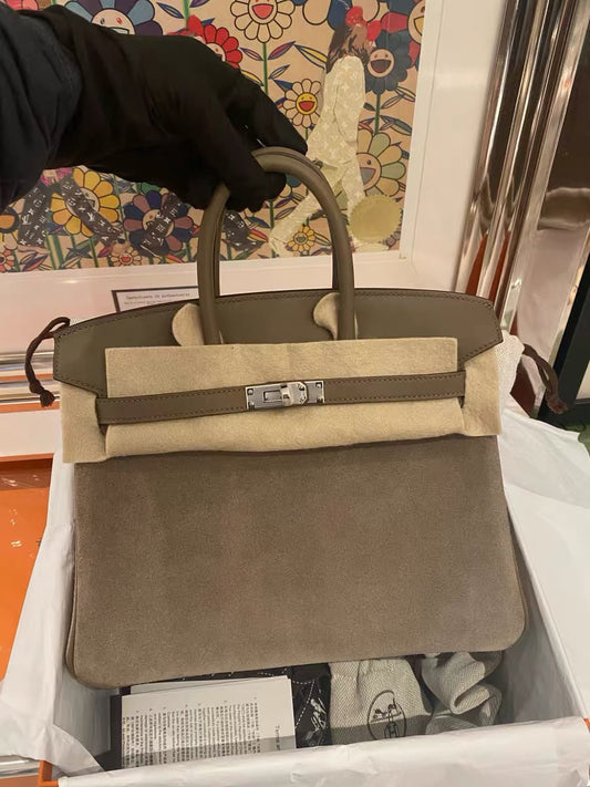 Birkin handbag in taupe grey with suede front panel, smooth leather flap and palladium turn-lock hardware