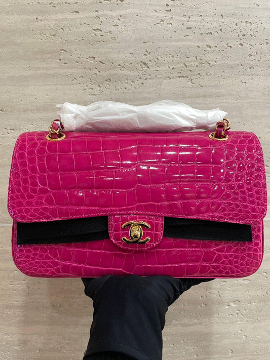 Chanel Medium Pink crocodile Alligator Flap Bag Gold Hardware