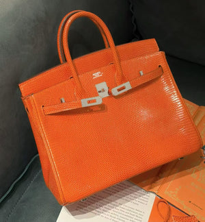 Hermes Birkin 25 tangerine lizard leather palladium hardware