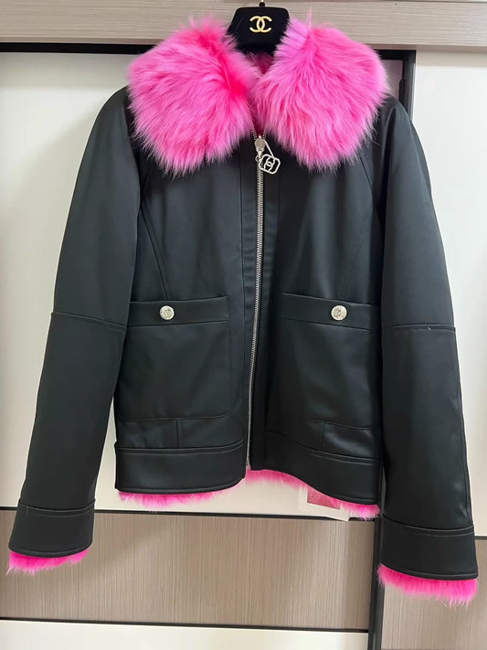 Chanel 23N Black & Pink Reversible fur Jacket,