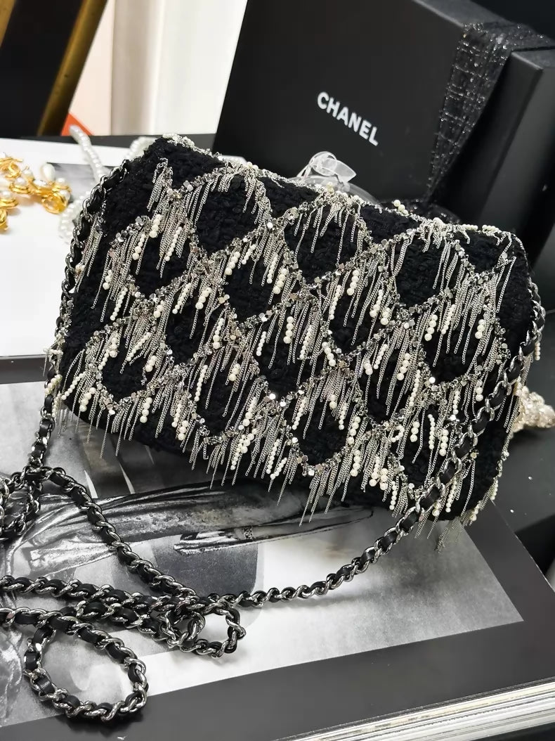 Chanel 23S black and silver tassel pearl leather tweed square flap bag