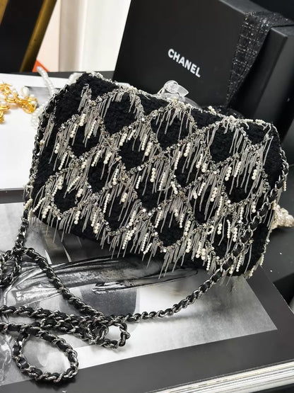 Chanel 23S black and silver tassel pearl leather tweed square flap bag