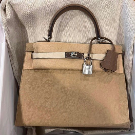 Hermes Kelly 25 Tricolor Trench/Craie/Etoupe Epsom Sellier Palladium hardware