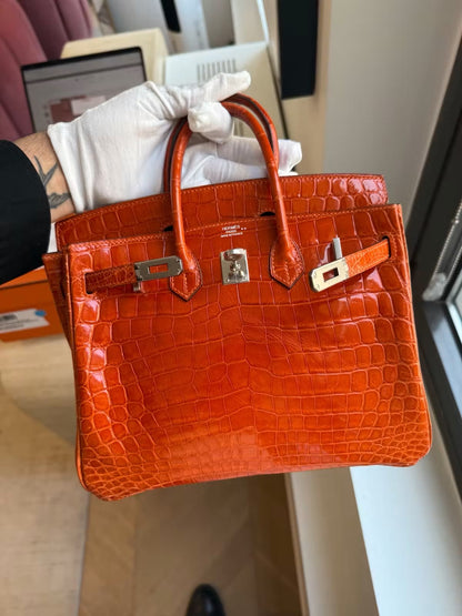 Hermes Birkin 25 Orange Shiny croc Leather Palladium Hardware