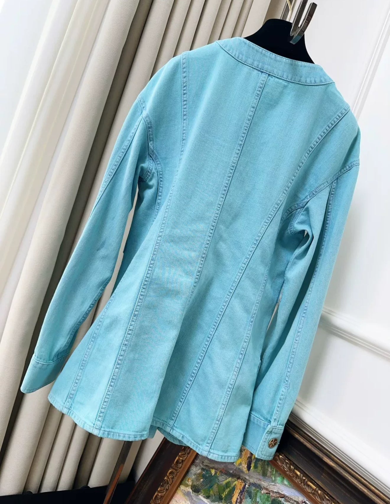 Chanel 21S Turquoise Blue Denim Camellia BroochJacket
