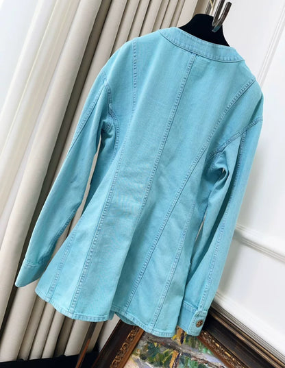 Chanel 21S Turquoise Blue Denim Camellia BroochJacket