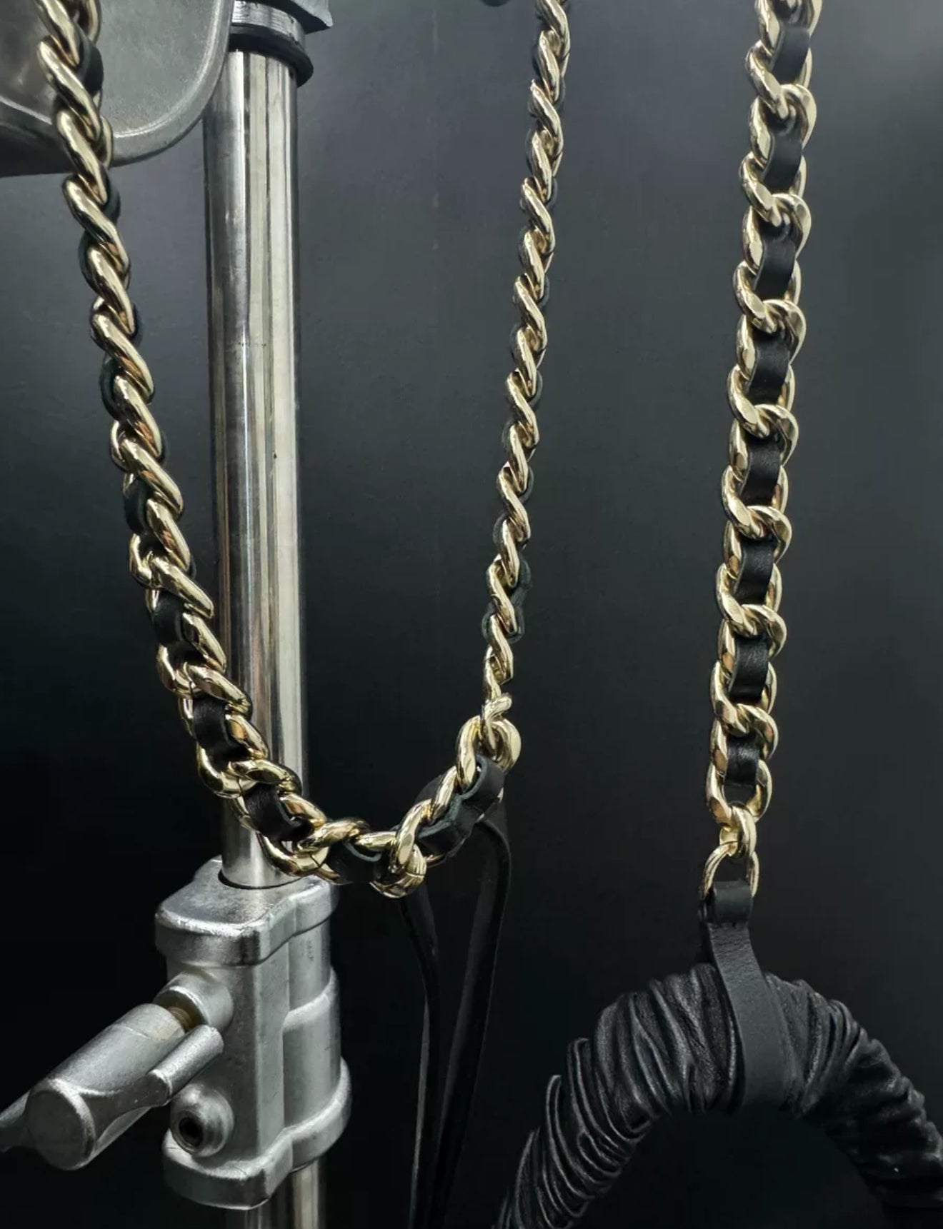 Chanel 22C Black Leather suspenders with Gold Hardware Chain