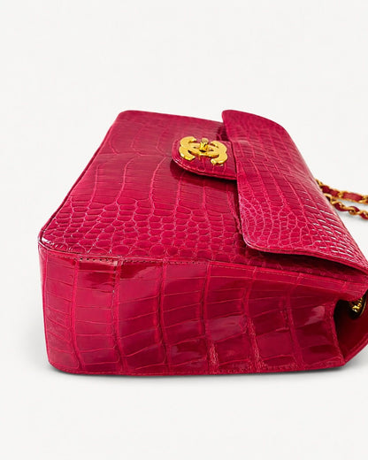 Chanel Red Shiny Crocodile Maxi flap with gold hardware