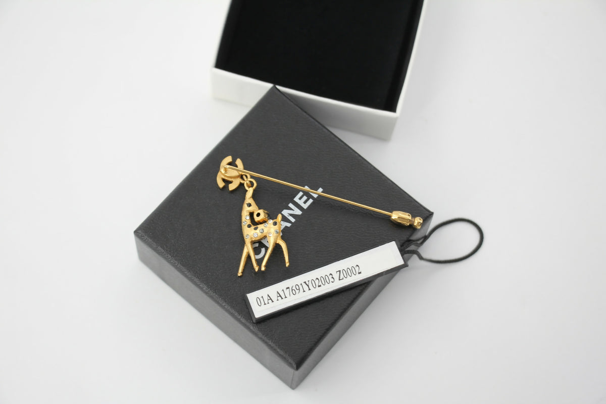 Chanel Vintage 01A Rhinestone Gold Plated Deer Brooch