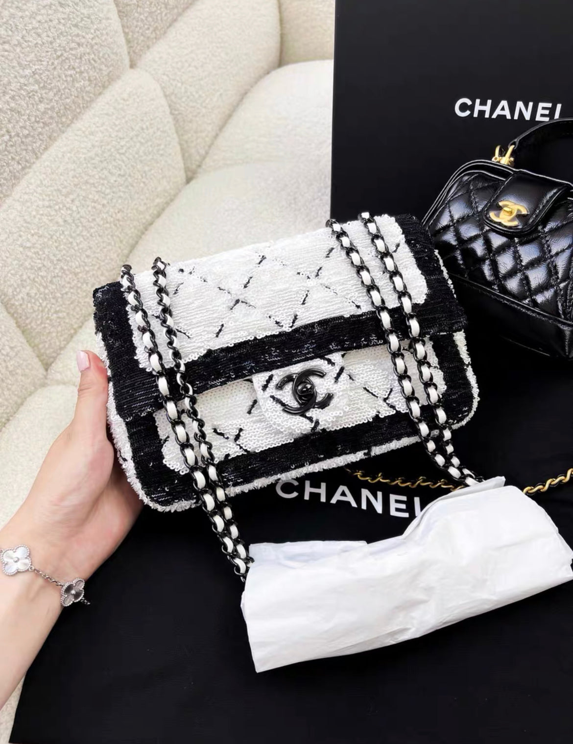 Chanel 24P Large Flap Bag Sequins & Black Metal, White & Black