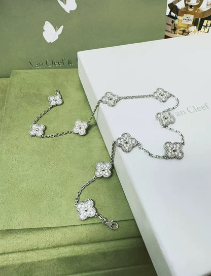 Van Cleef & Arpels 18k White Gold Diamond Set Vintage Alhambra Necklace