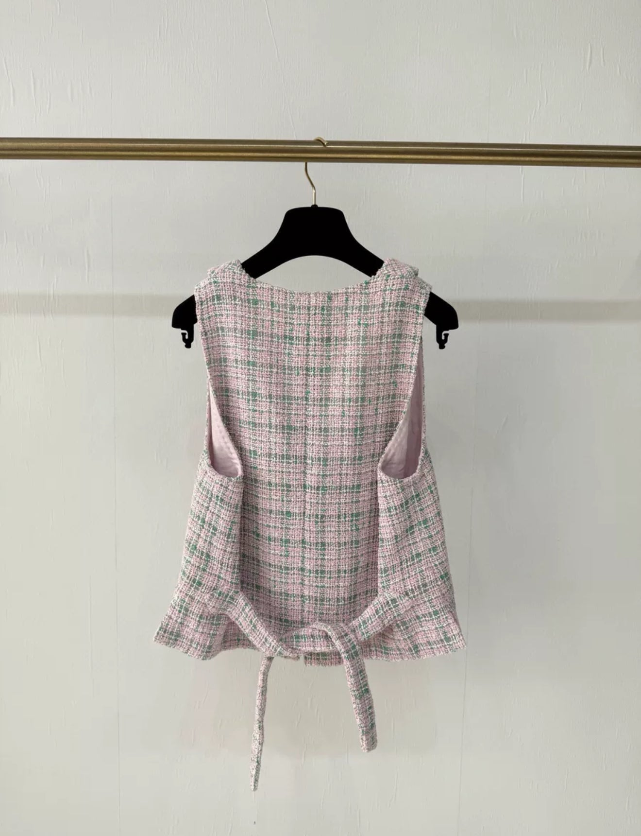 Chanel 21S pink green tweed check vest jacket
